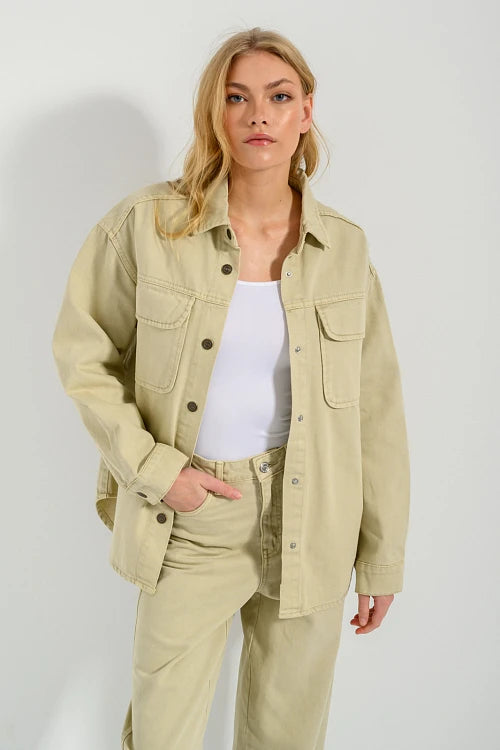 PINK WOMEN DENIM OVERSIZED SHIRT - SAND